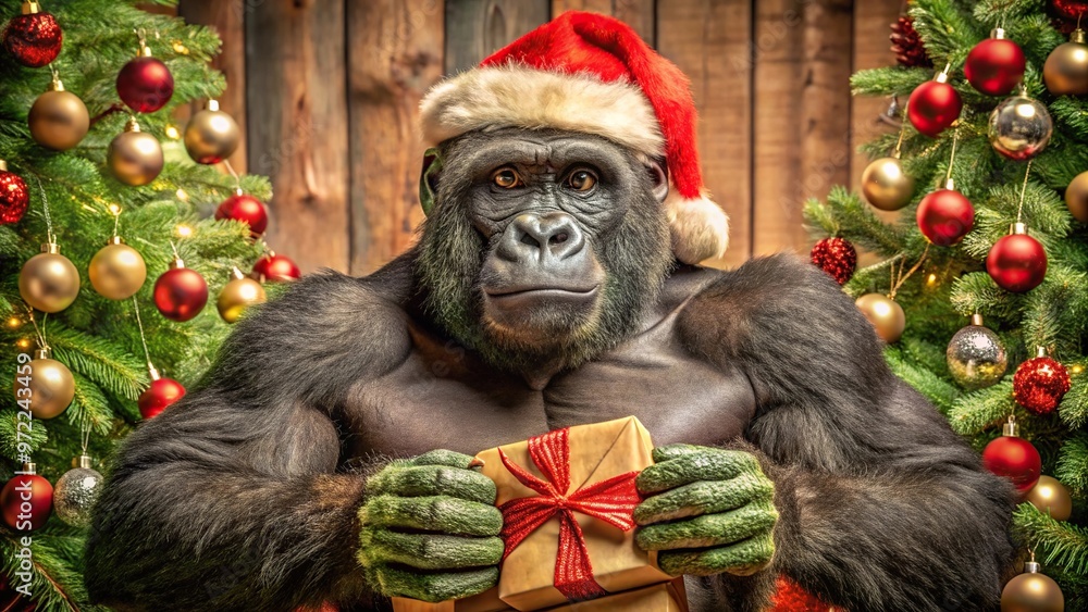 Christmas gorilla holding gifts and decorations with a bird's eye view on a green background Christmas gorilla holding gifts and decorations with a bird's eye view on a green background