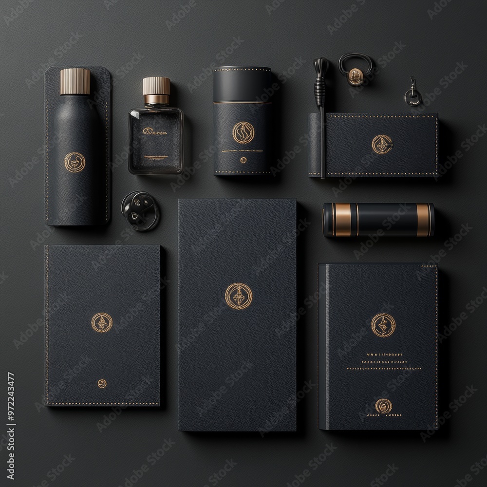 Obraz premium Luxury Branding Mockup Black Leather Products with Gold Accents