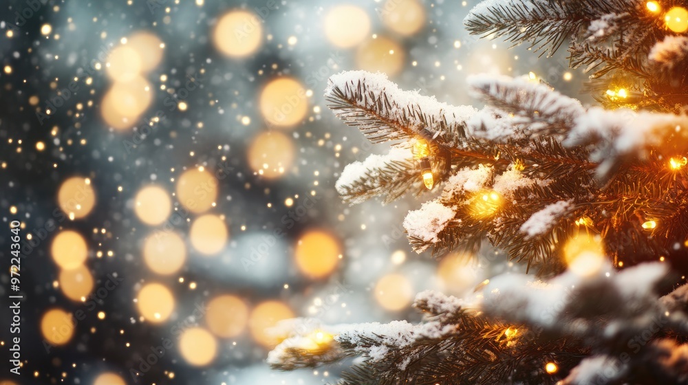 Close-up of a snow-covered Christmas tree branch with warm, twinkling lights and a bokeh background. Close-up of a snow-covered Christmas tree branch with warm, twinkling lights and a bokeh background.