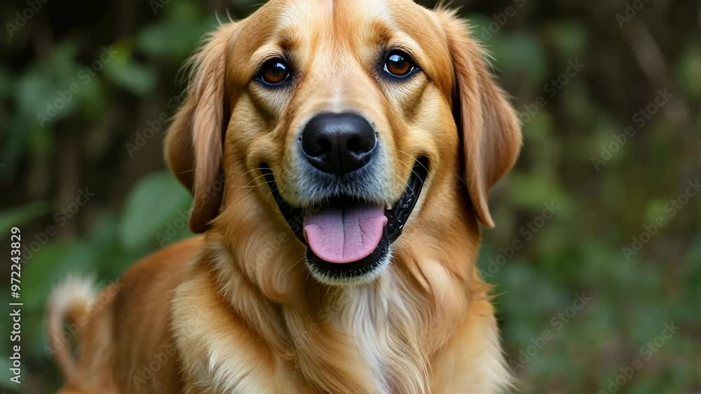 A golden retriever is sitting in front of a person's hand, looking at the camera with a smile A golden retriever is sitting in front of a person's hand, looking at the camera with a smile
