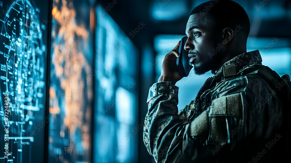 Fototapeta premium Military Soldier Communicating on Radio in Command Center