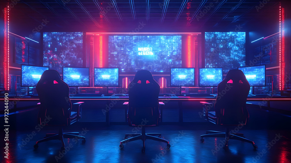 A Futuristic 3D Rendering of a Gaming Room with Neon Lights and Futuristic Monitors Displaying Binary Code and with Black Gaming Chairs. A Futuristic 3D Rendering of a Gaming Room with Neon Lights and Futuristic Monitors Displaying Binary Code and with Black Gaming Chairs.