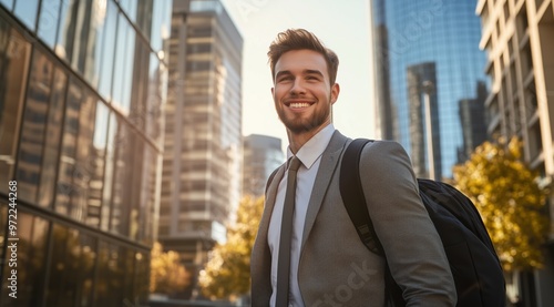 Confident Young Businessman in Suit Walking Through City with Black Backpack