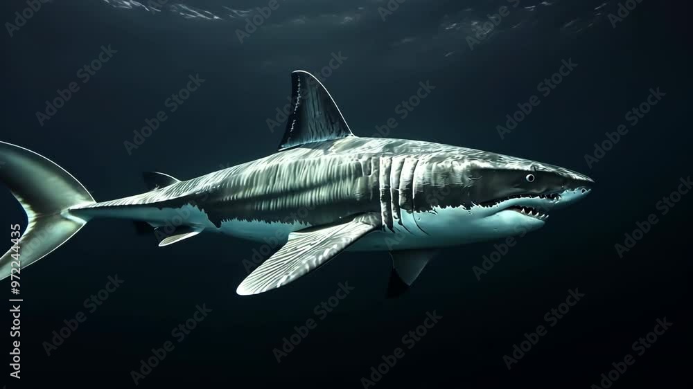 A large shark is swimming in the dark ocean. The shark is black and white with a long tail A large shark is swimming in the dark ocean. The shark is black and white with a long tail