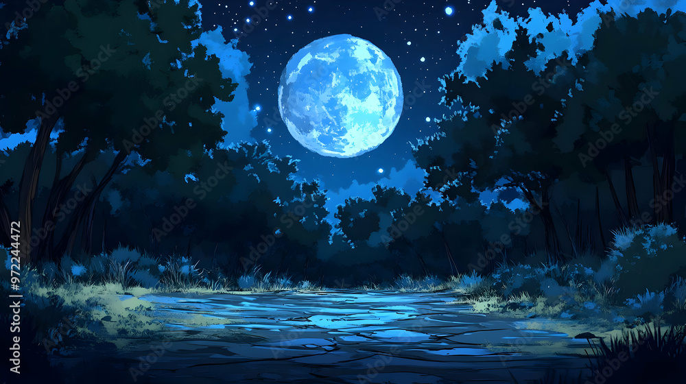 Night Forest Path with Full Moon and Stars Night Forest Path with Full Moon and Stars