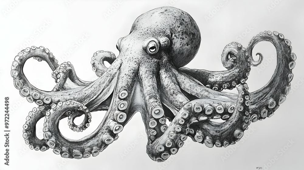 Obraz premium Detailed Octopus Drawing with Tentacles Realistic Black and White Illustration