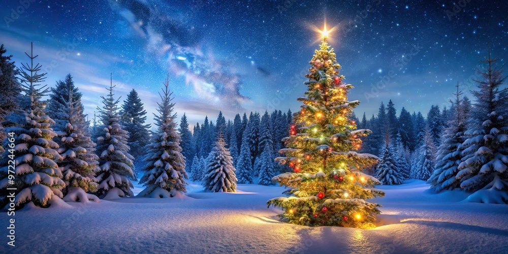 Christmas tree glowing in snowy forest at night with festive cheer, panoramic view Christmas tree glowing in snowy forest at night with festive cheer, panoramic view