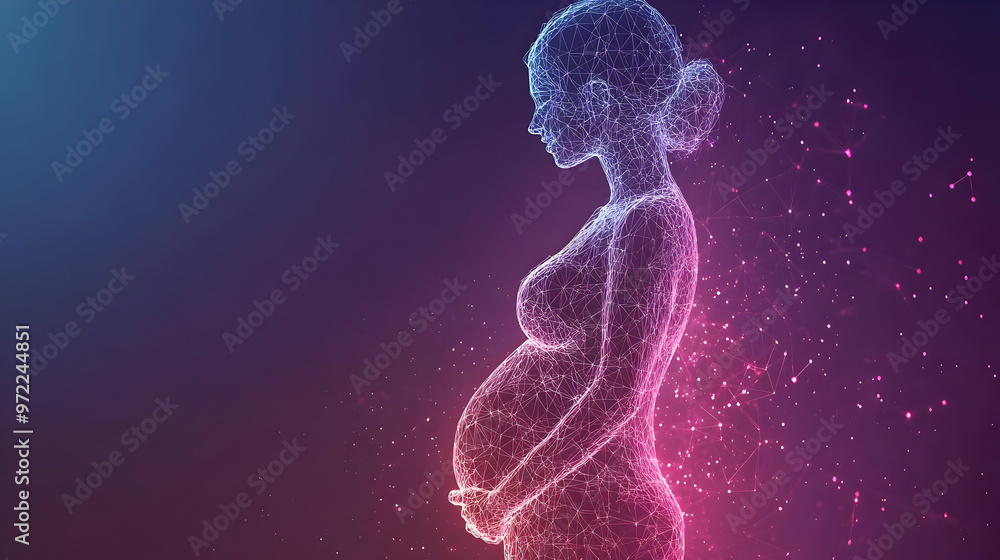 Abstract Wireframe Illustration of a Pregnant Woman on a Purple and Pink Gradient Background Abstract Wireframe Illustration of a Pregnant Woman on a Purple and Pink Gradient Background