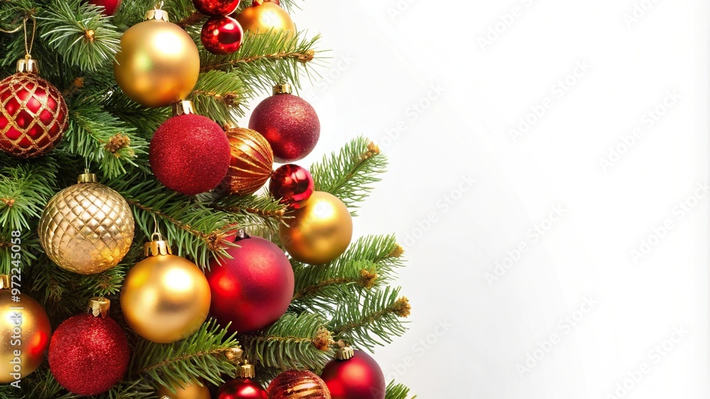 Christmas tree with red and gold ornaments on a white background Christmas tree with red and gold ornaments on a white background