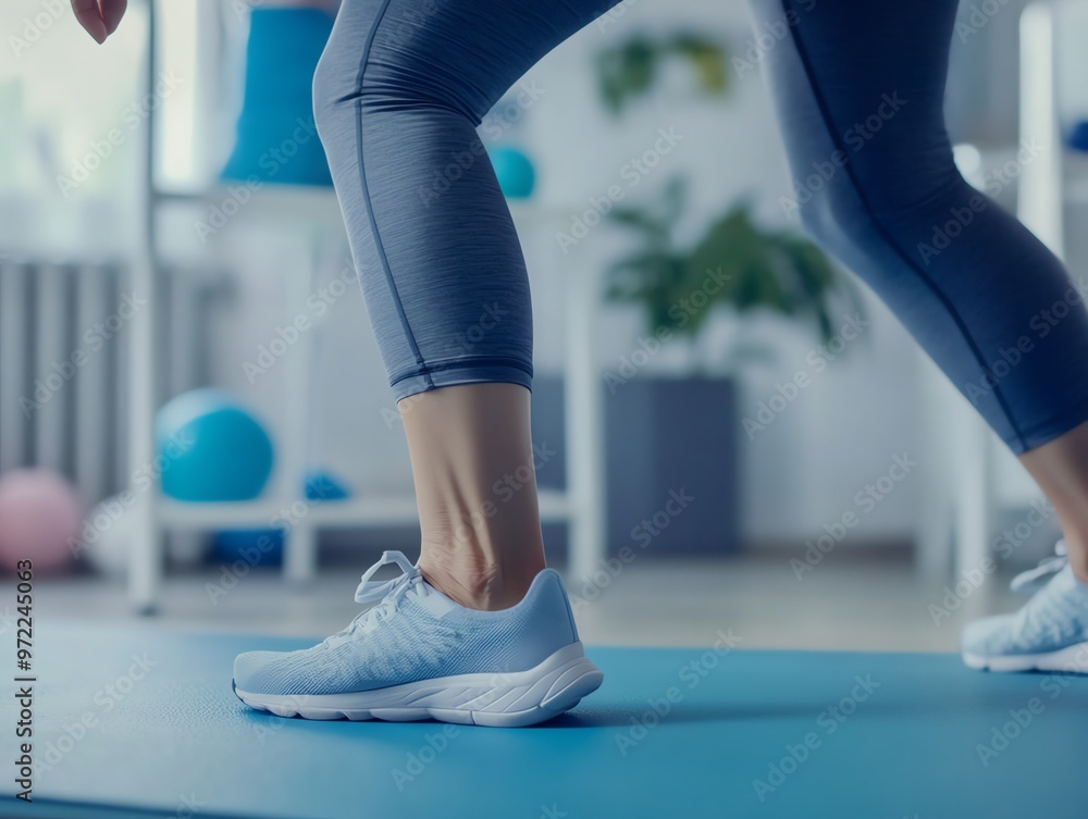 A person stretching their leg with the help of a physical therapist, demonstrating joint recovery close up rehabilitation theme, realistic, Overlay, therapy room backdrop A person stretching their leg with the help of a physical therapist, demonstrating joint recovery close up rehabilitation theme, realistic, Overlay, therapy room backdrop