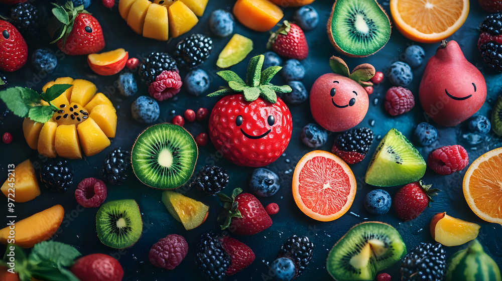 Happy Fruits Berries Mix Healthy Food Background Happy Fruits Berries Mix Healthy Food Background