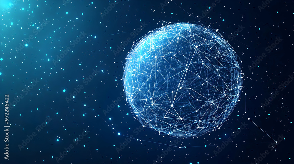Abstract 3D Sphere with Connected Lines and Glowing Dots, Blue Background Abstract 3D Sphere with Connected Lines and Glowing Dots, Blue Background