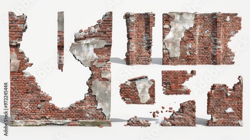 A broken brick wall with bricks scattered around photo