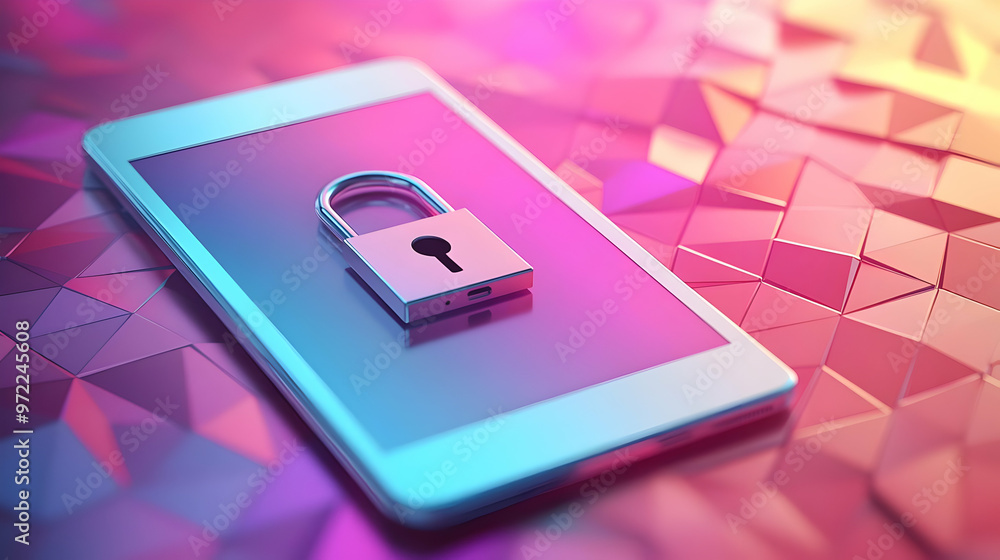 A 3D Render of a Smartphone Lying on a Geometric Background, With a Padlock on Top of it Illustrating the Importance of Device Security. A 3D Render of a Smartphone Lying on a Geometric Background, With a Padlock on Top of it Illustrating the Importance of Device Security.