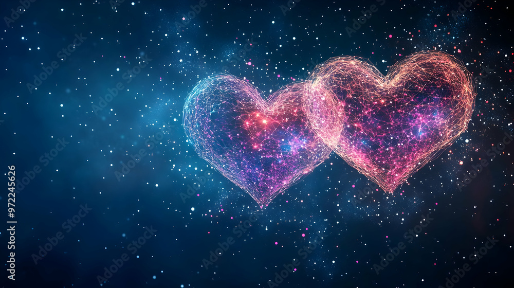 Two Intertwined Hearts Formed by Glowing Lines with a Glittering Blue Background, Abstract Love Theme Two Intertwined Hearts Formed by Glowing Lines with a Glittering Blue Background, Abstract Love Theme