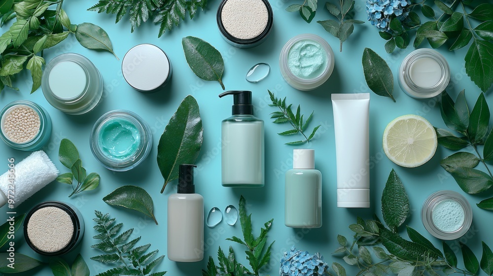 Natural Skincare Products with Green Leaves on Blue Background Natural Skincare Products with Green Leaves on Blue Background