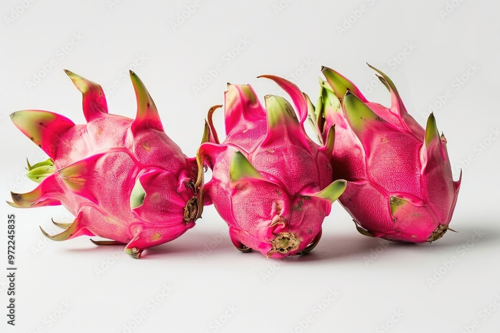 Fresh dragon fruits arranged on a clean white surface, perfect for food or interior design photography Fresh dragon fruits arranged on a clean white surface, perfect for food or interior design photography