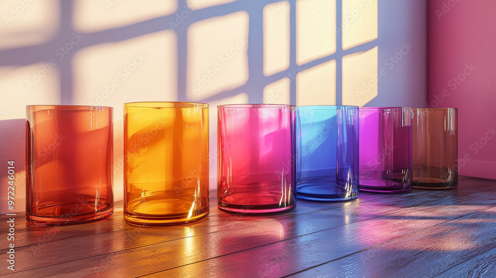A row of colorful glass tumblers on a wooden table. A row of colorful glass tumblers on a wooden table.