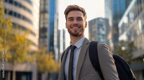 Confident Young Businessman in Suit Walking Through City with Black Backpack