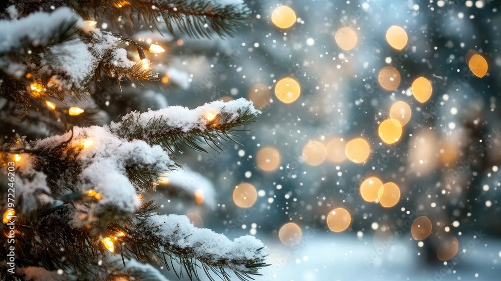 Close-up of a snow-covered pine tree branch with warm string lights, blurred bokeh lights in the background. Close-up of a snow-covered pine tree branch with warm string lights, blurred bokeh lights in the background.