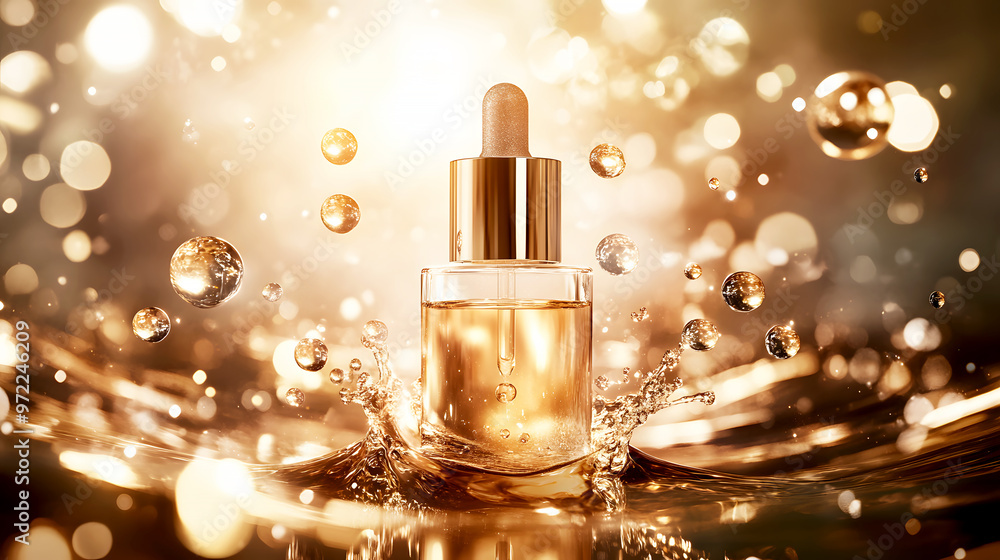 high-end cosmetic ad with floating hyaluronic acid bubbles and collagen drops high-end cosmetic ad with floating hyaluronic acid bubbles and collagen drops