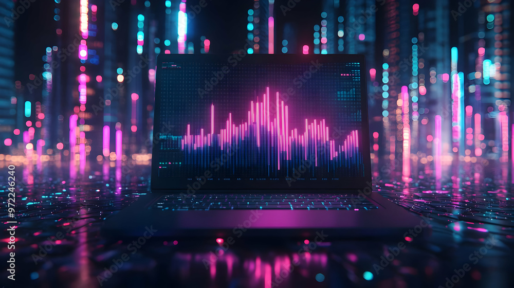 A 3D Rendered Image of a Laptop with a Neon Pink and Blue Graph Displayed on its Screen, Set Against a Background of Blurred Neon Lights. A 3D Rendered Image of a Laptop with a Neon Pink and Blue Graph Displayed on its Screen, Set Against a Background of Blurred Neon Lights.