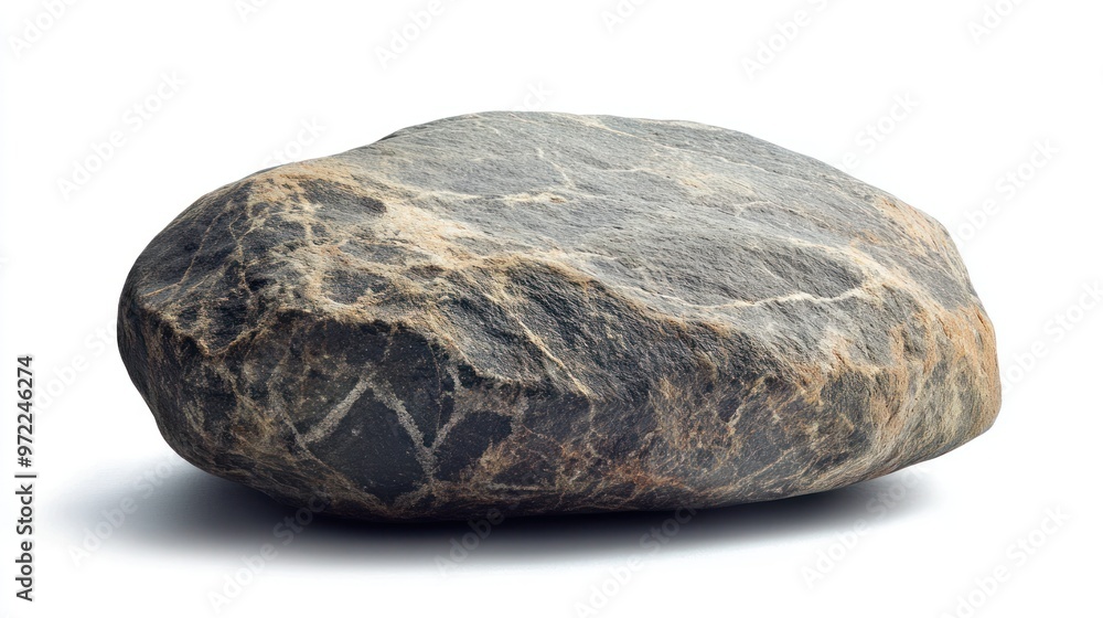 Fototapeta premium A solitary, smooth dark rock with natural, contrasting striations, photographed against a clean, white background, showcasing its organic texture and form.