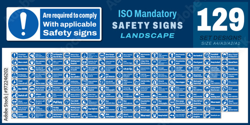 129 set ISO mandatory safety signs v3 are required to comply with applicable safety signs landscape size 1/2 a4,a3,a2,a1	

