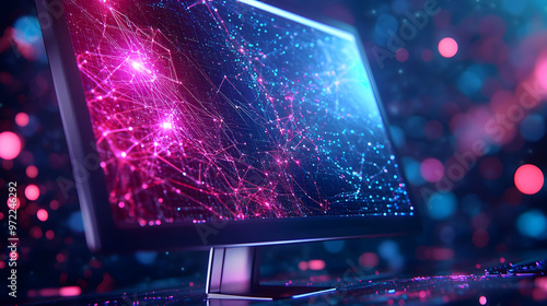 Abstract Digital Network with Bright Pink and Blue Lights on a Computer Monitor Screen with Bokeh Lights in Background