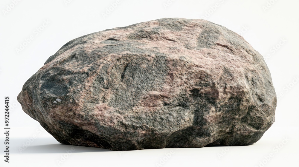 A large, irregularly shaped rock with varying hues of pink and grey, possibly a type of granite, isolated against a white background. A large, irregularly shaped rock with varying hues of pink and grey, possibly a type of granite, isolated against a white background.