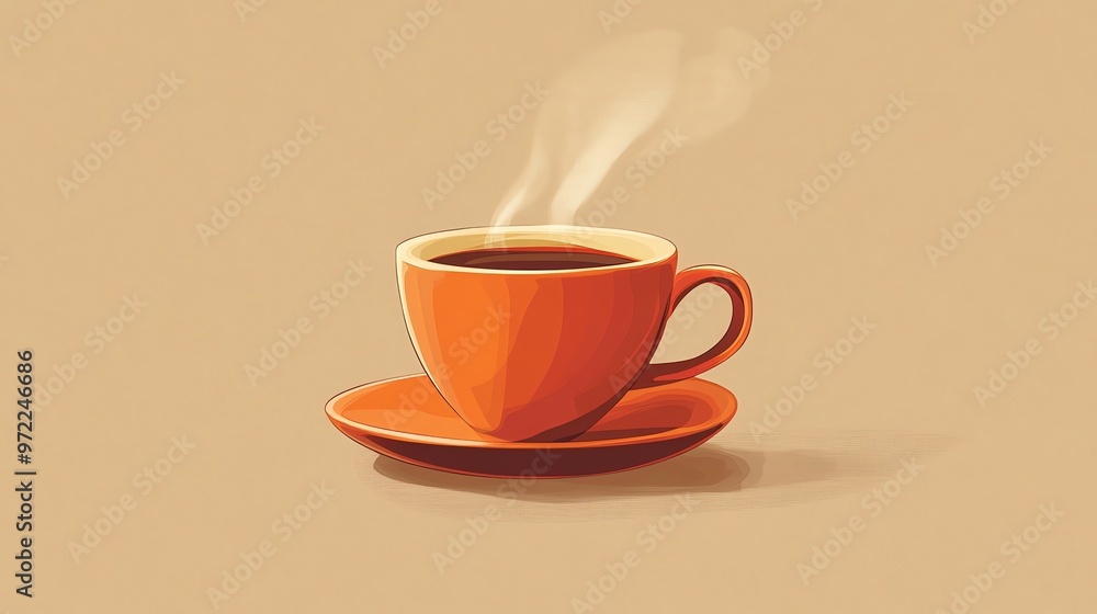 A steaming cup of coffee with an orange mug and saucer. A steaming cup of coffee with an orange mug and saucer.