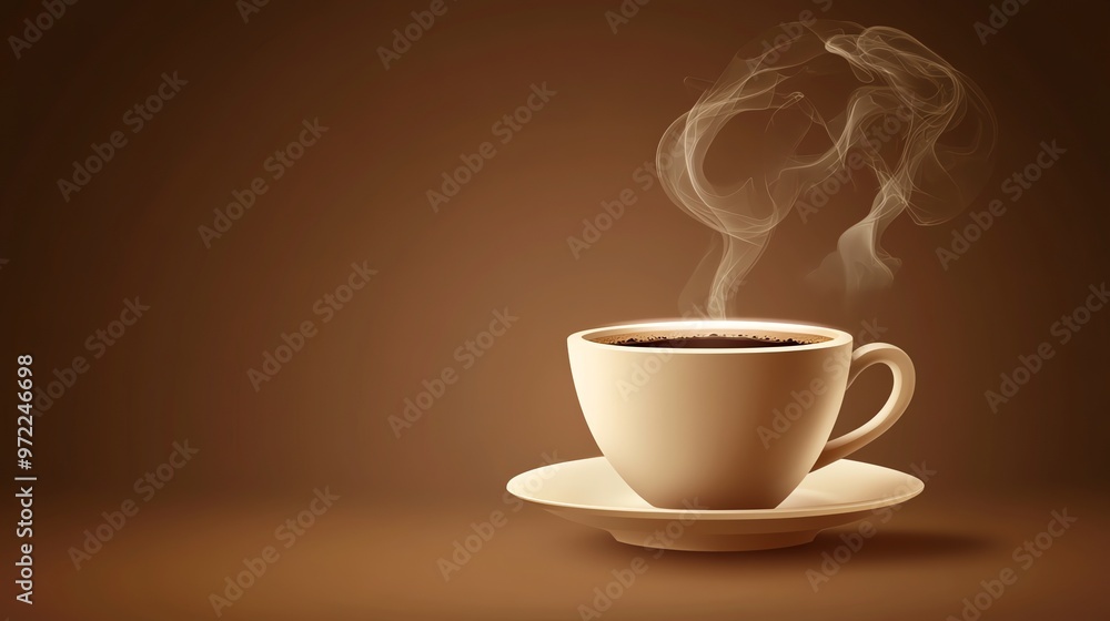 Obraz premium A steaming cup of coffee on a saucer against a brown background.