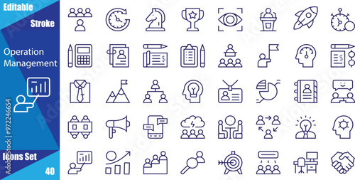 Operation management and business administration editable stroke outline icons set isolated on white background flat vector illustration