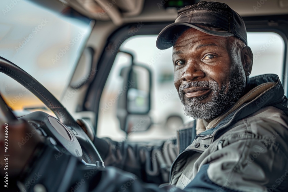 A person operating a vehicle while donning headgear, suitable for use in illustrations about transportation or occupational settings