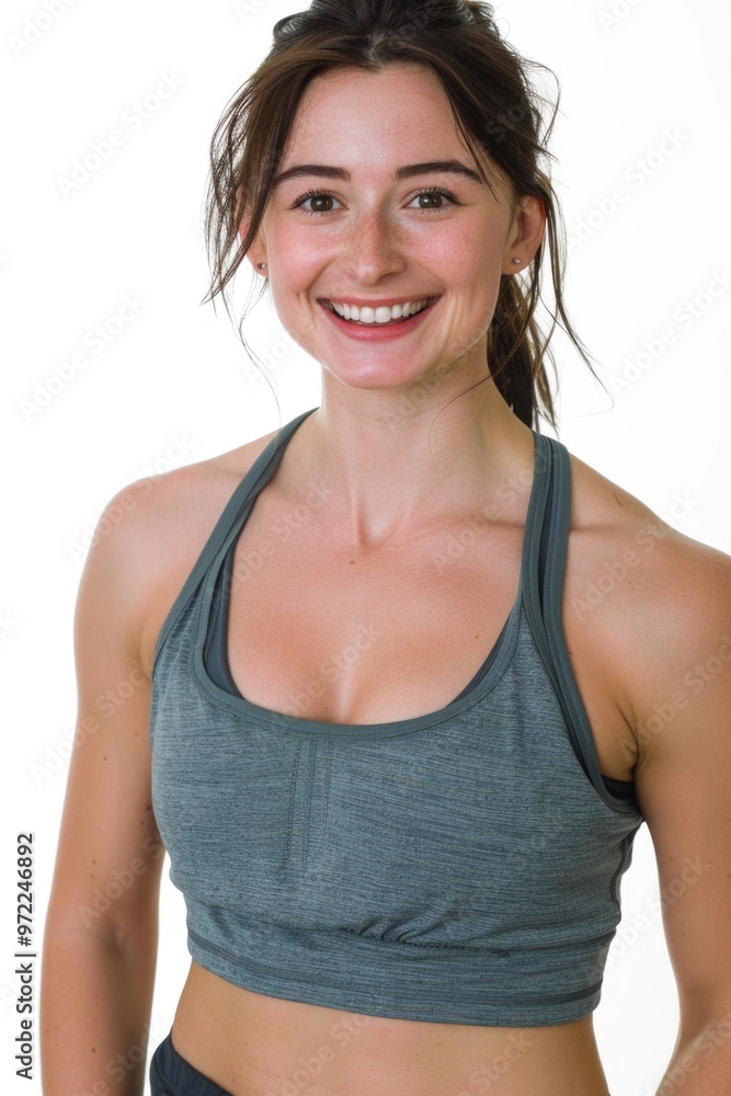 Fototapeta premium A woman poses for a photo wearing a sports bra, suitable for fitness or lifestyle images