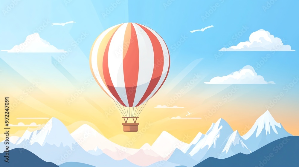 Fototapeta premium A hot air balloon floats above a mountain range.