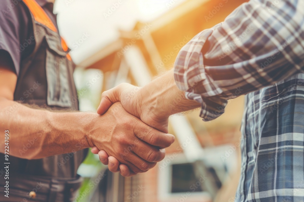 Two men in workwear stand together outside a residential home, clasping hands in a gesture of agreement or farewell Two men in workwear stand together outside a residential home, clasping hands in a gesture of agreement or farewell