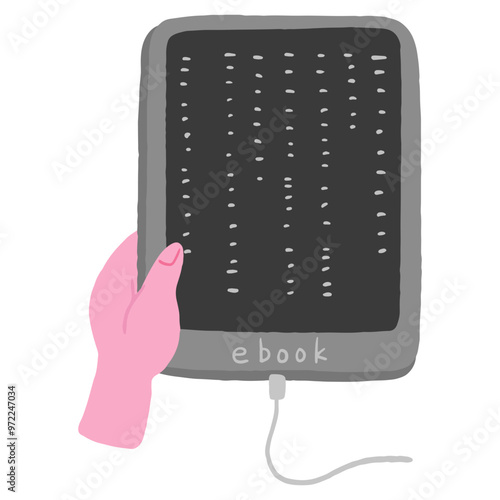 Cute hand drawn illustration of e-book tablet, hand holding ebook / 電子書籍タブレット、e-bookを手で持っている、かわいい手描きのイラスト