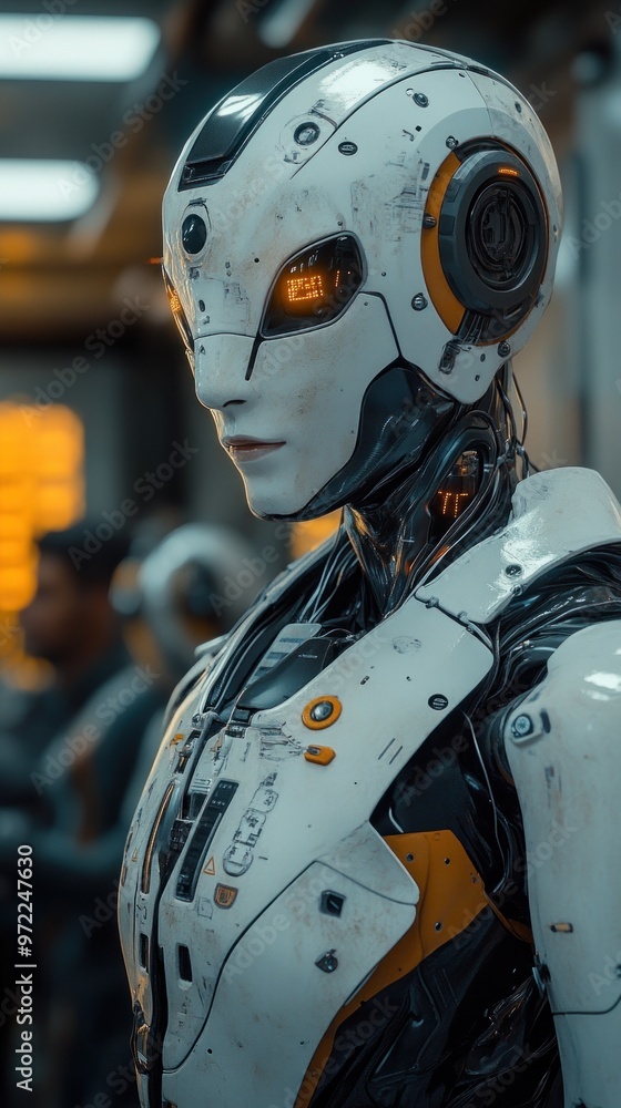 A futuristic robot with glowing eyes in a tech environment. A futuristic robot with glowing eyes in a tech environment.