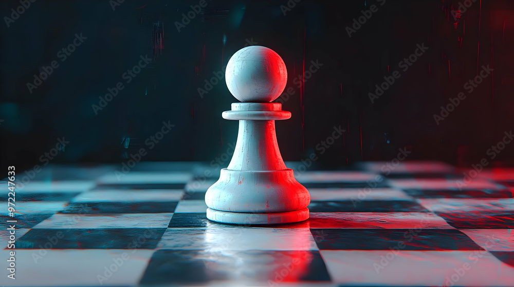 A Single White Pawn Stands Tall on a Chessboard, Illuminated by Red and Blue Light, a 3D Illustration. A Single White Pawn Stands Tall on a Chessboard, Illuminated by Red and Blue Light, a 3D Illustration.