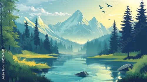 A scenic view of a mountain lake surrounded by lush green forest.