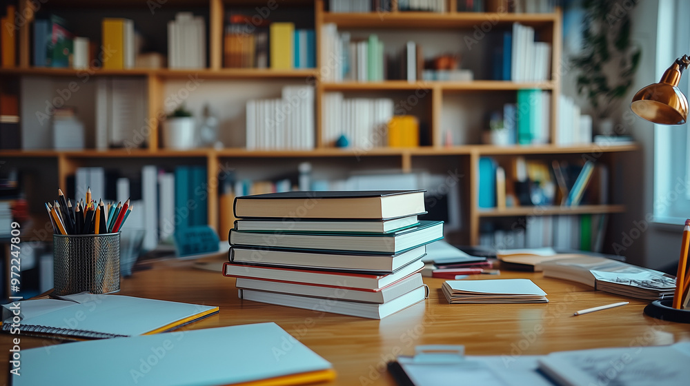 Stacked Textbooks and Stationery on a Desk in a Modern Study Room Representing School Learning Enviroment. Stacked Textbooks and Stationery on a Desk in a Modern Study Room Representing School Learning Enviroment.
