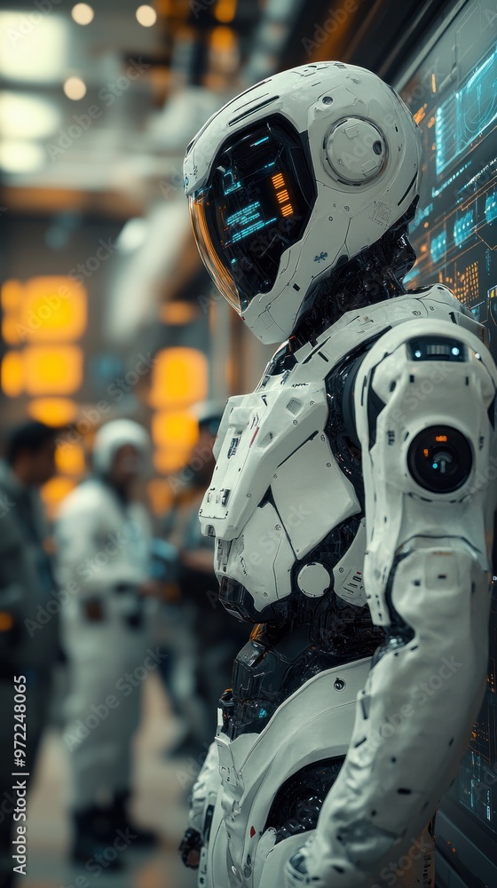 A futuristic robot stands in a high-tech environment. A futuristic robot stands in a high-tech environment.