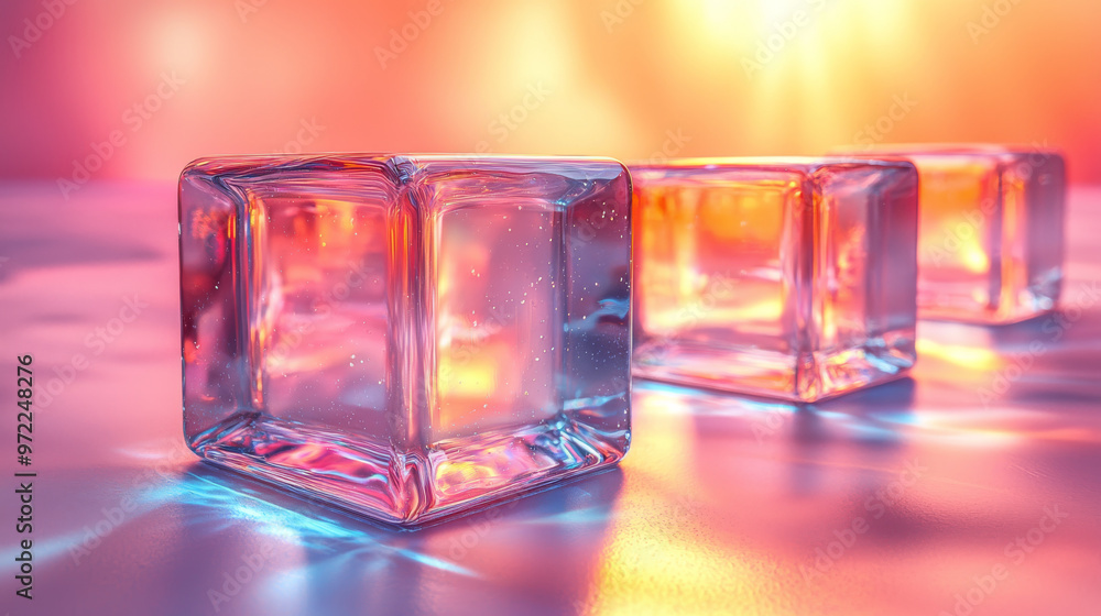 Three clear glass cubes reflect a vibrant pink and orange light. Three clear glass cubes reflect a vibrant pink and orange light.