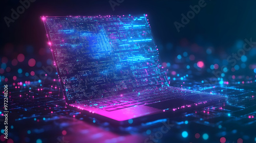 A 3D Rendered Laptop with Neon Blue and Pink Lights, Showing Lines of Code and a Futuristic Cyber Background