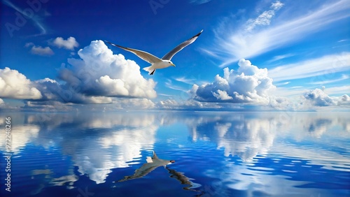 Fototapeta Naklejka Na Ścianę i Meble -  Clear blue sky reflected in water with fluffy clouds and seagull flying over ocean