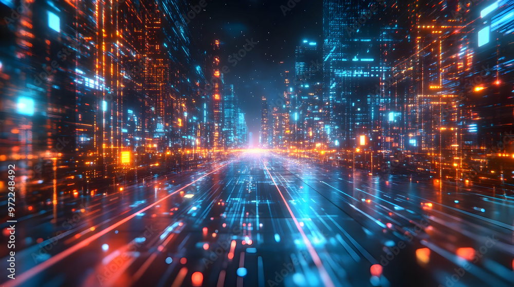Fototapeta premium Futuristic Cityscape with Neon Lights and Data Stream