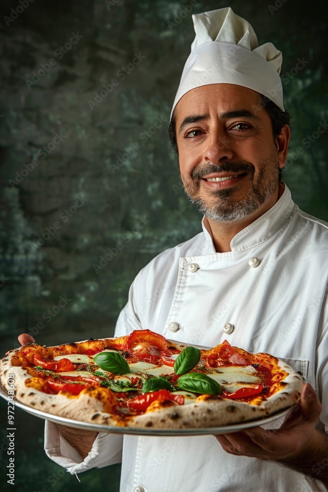 A chef holds a freshly baked pizza, perfect for food and lifestyle content A chef holds a freshly baked pizza, perfect for food and lifestyle content