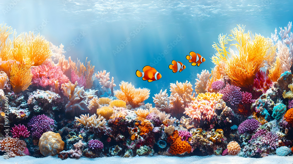 Fototapeta premium Vibrant Coral Reef with Clownfish Undersea Landscape