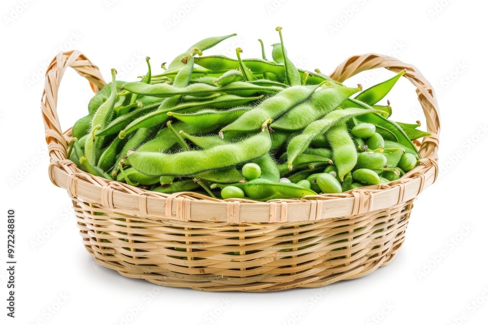 Fresh green beans arranged in a woven wicker basket, perfect for cooking or display Fresh green beans arranged in a woven wicker basket, perfect for cooking or display